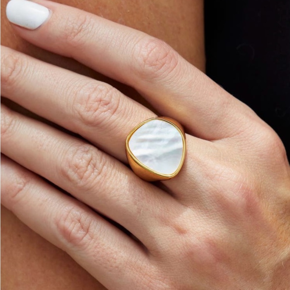 SAVVY CIE 18K Yellow Gold Plated Mother of Pearl Ring